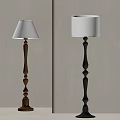 Brown And Black Floor Lamps With Curved Wooden Bases And White Shades