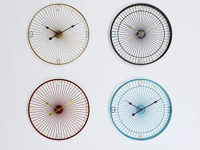 Four Decorative Wall Clocks with Various Colors and Designs on White Background 3d model
