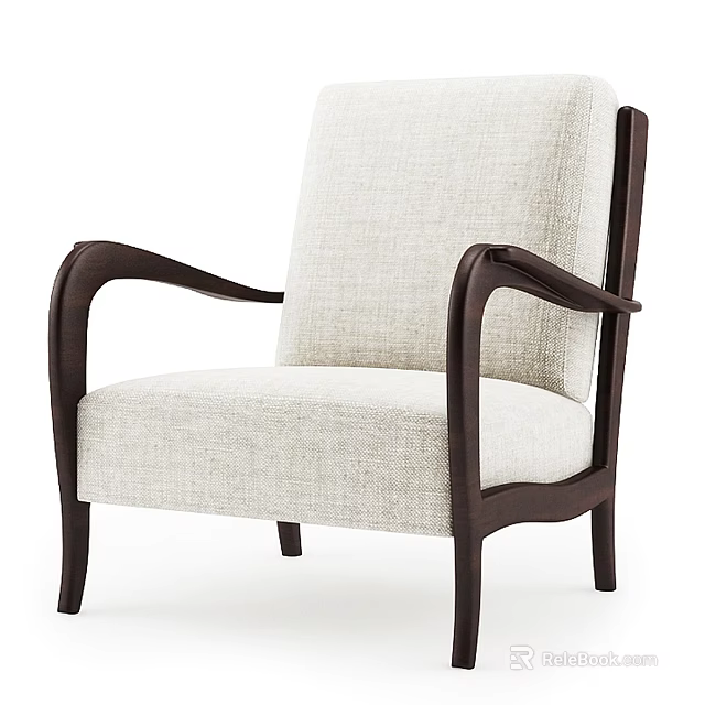 Comfortable Woven Beige Fabric Leisure Chair With Curved Dark Solid Wood Frame For Modern Home 3d model 