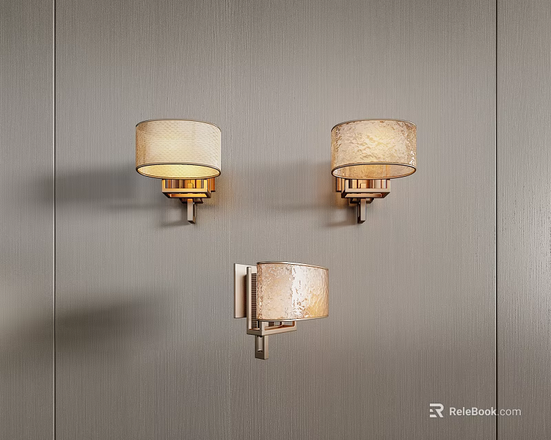 Three Modern Wall Lamps With Cream Textured Shades And Brushed Brass Bases On Gray Wall 3d model 