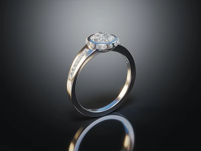 Elegant Silver Ring Featuring Central Diamond And Surrounding Small Diamonds Design 3d model