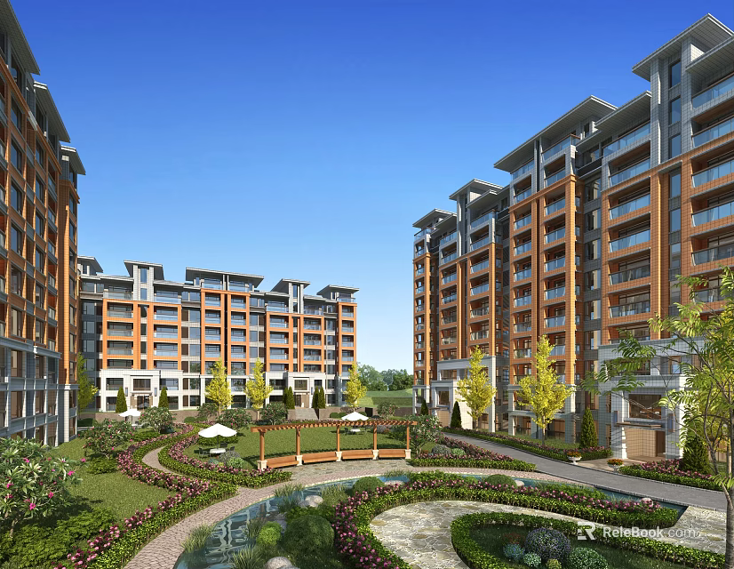 Modern Residential Buildings with Garden Landscape Green Spaces Trees Curved Paths and Water Feature 3d model 