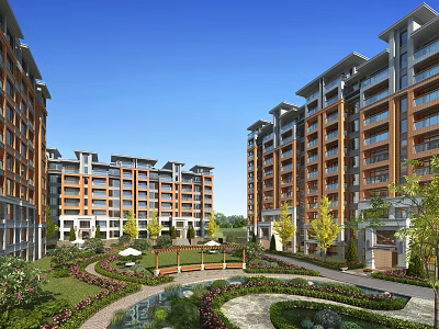 Modern Residential Buildings with Garden Landscape Green Spaces Trees Curved Paths and Water Feature 3d model