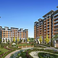 Modern Residential Buildings with Garden Landscape Green Spaces Trees Curved Paths and Water Feature