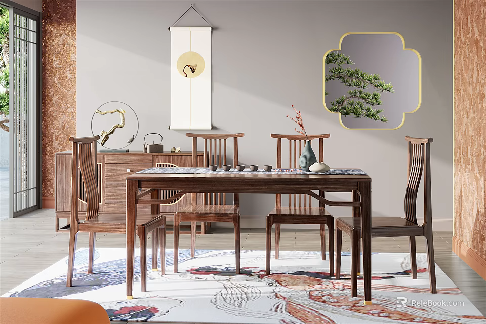 Chinese Style Wooden Dining Table Set With Chairs Decorative Rug Wall Mirror And Green Plant 3d model 