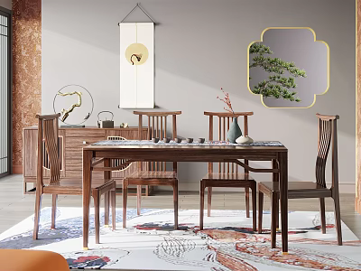 Chinese Style Wooden Dining Table Set With Chairs Decorative Rug Wall Mirror And Green Plant 3d model