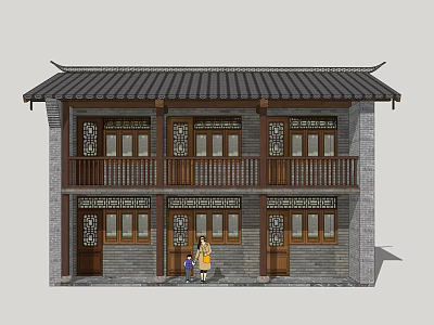 Chinese Style Two Story Homestay Building With Tile Roof Wooden Windows And Balcony 3d model
