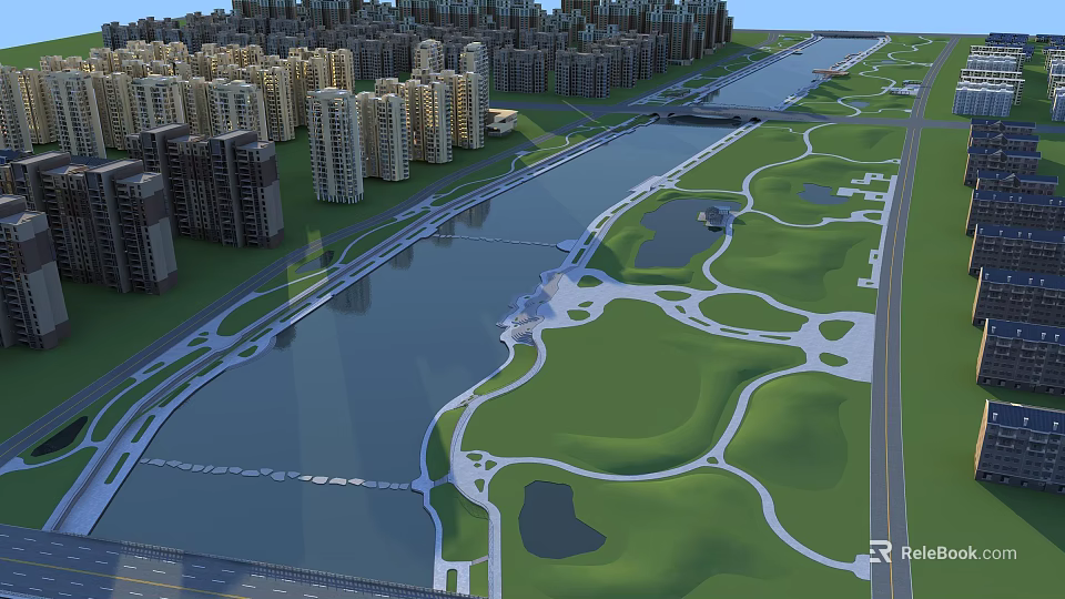 Urban Waterfront Landscape With High Rise Buildings Green Spaces And River 3d model 