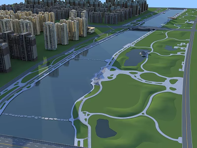 Urban Waterfront Landscape With High Rise Buildings Green Spaces And River 3d model