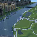 Urban Waterfront Landscape With High Rise Buildings Green Spaces And River