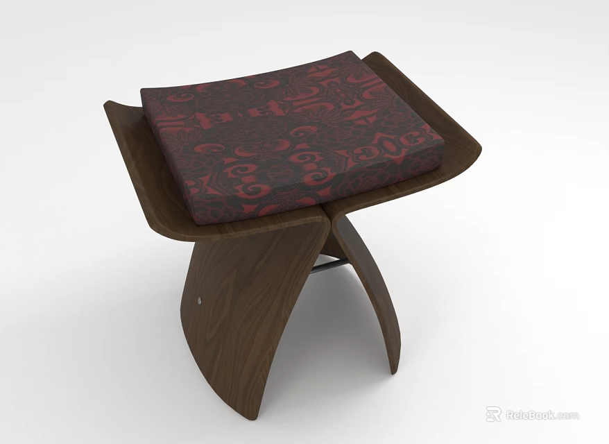 Wooden Stool With Red Patterned Cushion And Modern Curved Leg Design 3d model 