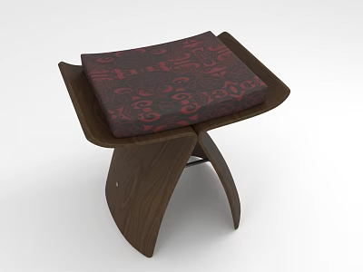 Wooden Stool With Red Patterned Cushion And Modern Curved Leg Design 3d model
