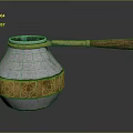 Copper Coffee Pot Design With Wooden Handle And Gold Decorative Patterns