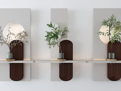 Modern Minimalist Wall Decor With Arched Details Shelves And Green Plants 3d model