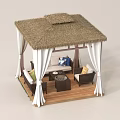 Outdoor Thatched Sunshade With White Curtains Sofa Coffee Table And Wooden Deck
