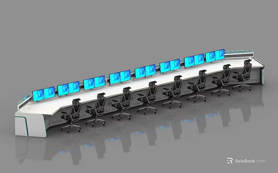 Modern Monitoring Room Interior With Control Console Multiple Monitors And Chairs 3d model 