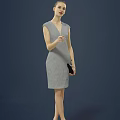 Stylish Woman in Grey Sleeveless Dress Holding Black Clutch Against Blue Backdrop