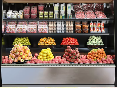 Fresh Various Fruits on Display in Supermarket Fruit Section with Apples Strawberries Oranges and Grapes 3d model