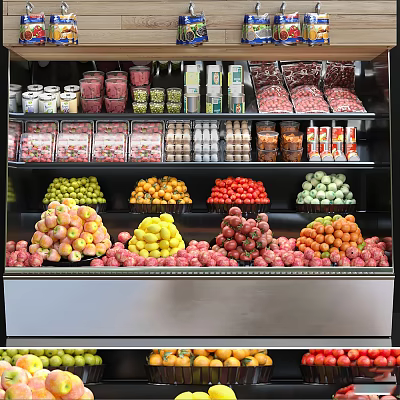 Fresh Various Fruits on Display in Supermarket Fruit Section with Apples Strawberries Oranges and Grapes 3d model
