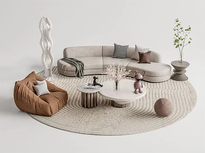 Modern Sectional Sofa And Round Coffee Table With Decorative Pillows Area Rug And Plant Decor 3d model