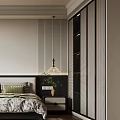 Modern Bedroom Interior Design With Bed Nightstands Table Lamp Artworks Green Plant And Striped Rug