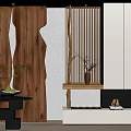 Stylish Entryway Cabinet And Sideboard With Wooden Wall Panels And Decorative Plants