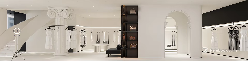 Clothing Store Interior With Hanging White Garments And Black Multi Tiered Bags Shelf 3d model 
