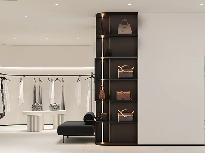 Clothing Store Interior With Hanging White Garments And Black Multi Tiered Bags Shelf 3d model