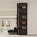 Clothing Store Interior With Hanging White Garments And Black Multi Tiered Bags Shelf
