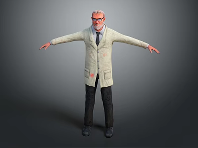 Game Movie Character Elderly Male With Glasses Gray Hair In White Lab Coat Outstretched Arms 3d model