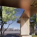 Modern Pergola Structure With Metal Roof Geometric Cutouts Wooden Pillars Surrounded By Trees