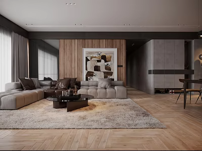 Modern Living Room Interior With Large Gray Brown Sofa Wooden Floor And Area Rug 3d model