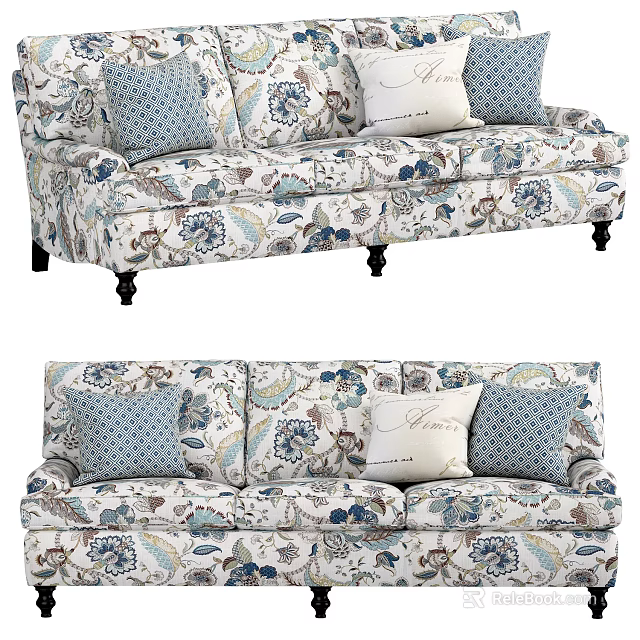 Three Seater Floral Pattern Upholstered Sofa With Blue Green Accents And Decorative Cushions 3d model 