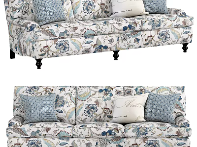 Three Seater Floral Pattern Upholstered Sofa With Blue Green Accents And Decorative Cushions 3d model