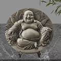 Decorative Ornament Combination Featuring Laughing Buddha Circular Design With Carved Details And Stand