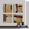 Four Abstract Paintings on Wall with Brown Yellow and Beige Geometric Patterns 3d model