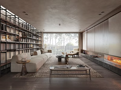 Living Room Interior Design With Large Bookshelves Beige Sofa Fireplace And Floor To Ceiling Windows 3d model