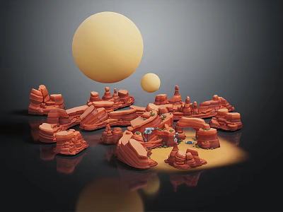 Cartoon Scene With Large Yellow Sphere Smaller Sphere Red Rocky Landscape And Small Cartoon Elements 3d model