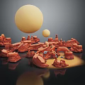 Cartoon Scene With Large Yellow Sphere Smaller Sphere Red Rocky Landscape And Small Cartoon Elements
