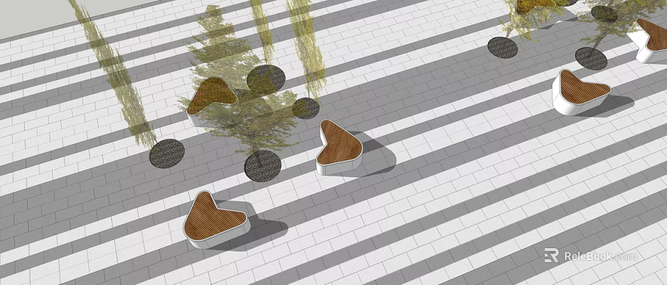 Modern Wooden Tree Planters With Triangular Design And Brick Pavement Tree Shadows 3d model