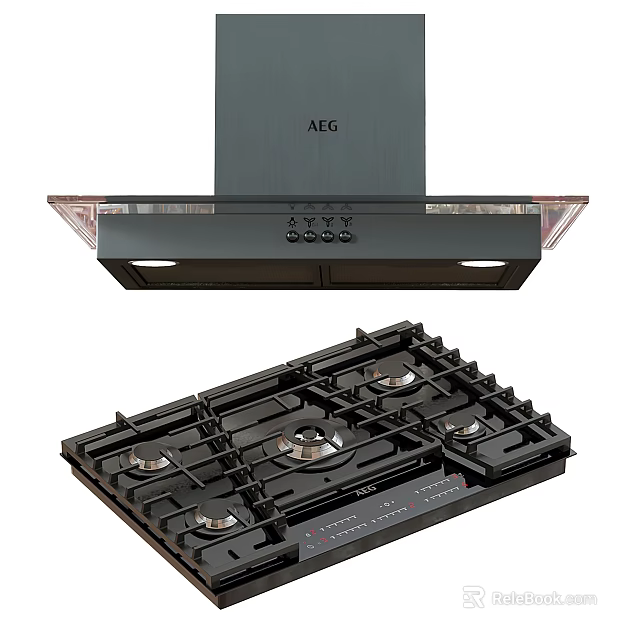 Sleek AEG Kitchen Appliances Featuring Modern Range Hood And Gas Cooktop 3d model 