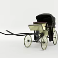 Vintage Horse Carriage With Black Canopy Golden Wheels And Wooden Seat
