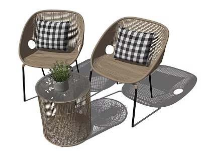 Stylish Rattan Table and Chairs Set with Black White Checkered Cushions Small Table and Plant 3d model