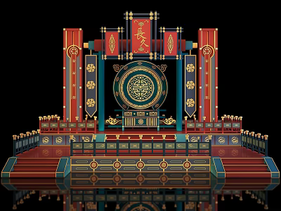 Traditional Chinese Festive Photo Check In Spot With Red Gold Decor Circular Pattern And Steps 3d model