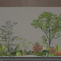 Indoor Landscape With Various Trees Ferns Red Flowers Circular Sunset Light And Pebble Ground