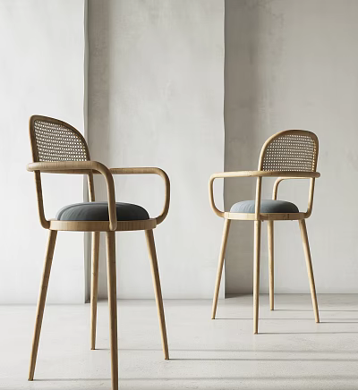 Bar Stools With Wooden Frame Woven Armrests And Gray Padded Seats In Modern Interior 3d model