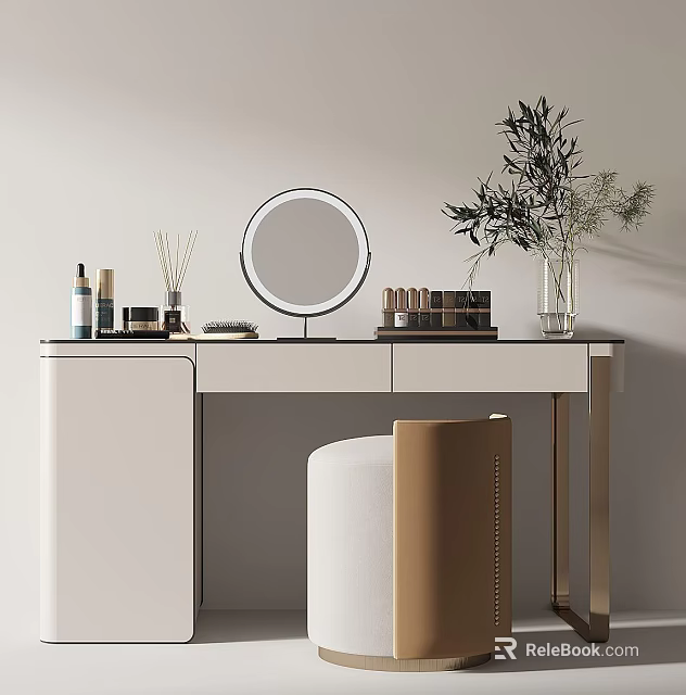 Elegant Dressing Table With Round Mirror Skincare Aromatherapy And Green Plant Stool 3d model 