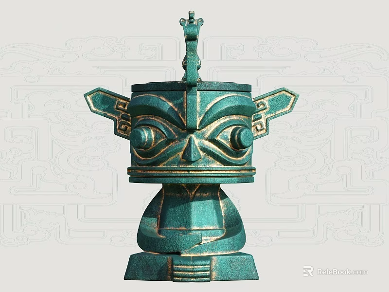 Ancient Shu Bronze Sculpture With Intricate Carving Large Eyes And Decorative Top 3d model 