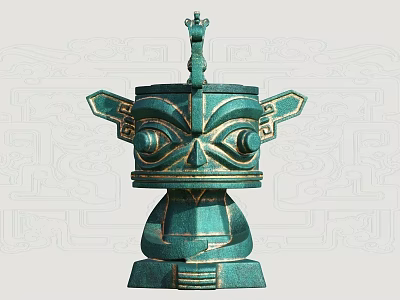 Ancient Shu Bronze Sculpture With Intricate Carving Large Eyes And Decorative Top 3d model