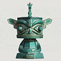 Ancient Shu Bronze Sculpture With Intricate Carving Large Eyes And Decorative Top